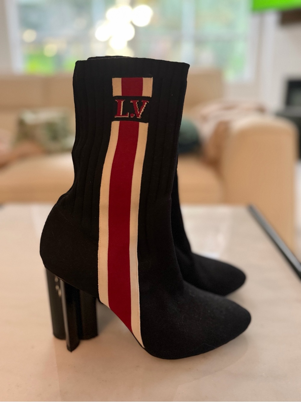 Louis Vuitton Black Stretch Sock Boot with Red and Cream Stripe